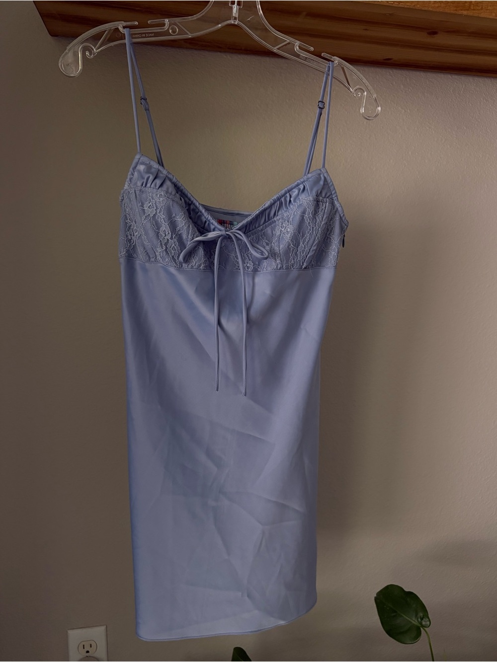 UO Lace Trim Satin Slip Dress in Light Blue